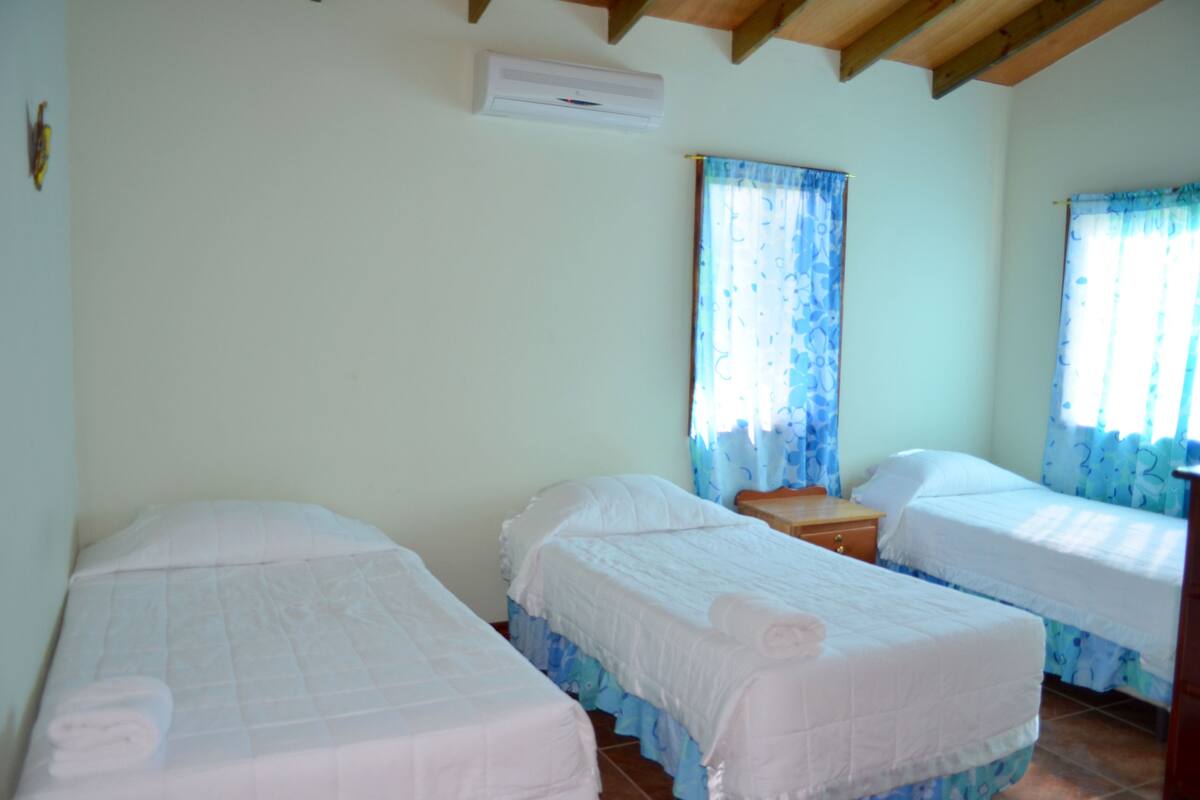 Una habitación con dos camas individuales, una mesita de noche de madera y un equipo de aire acondicionado.