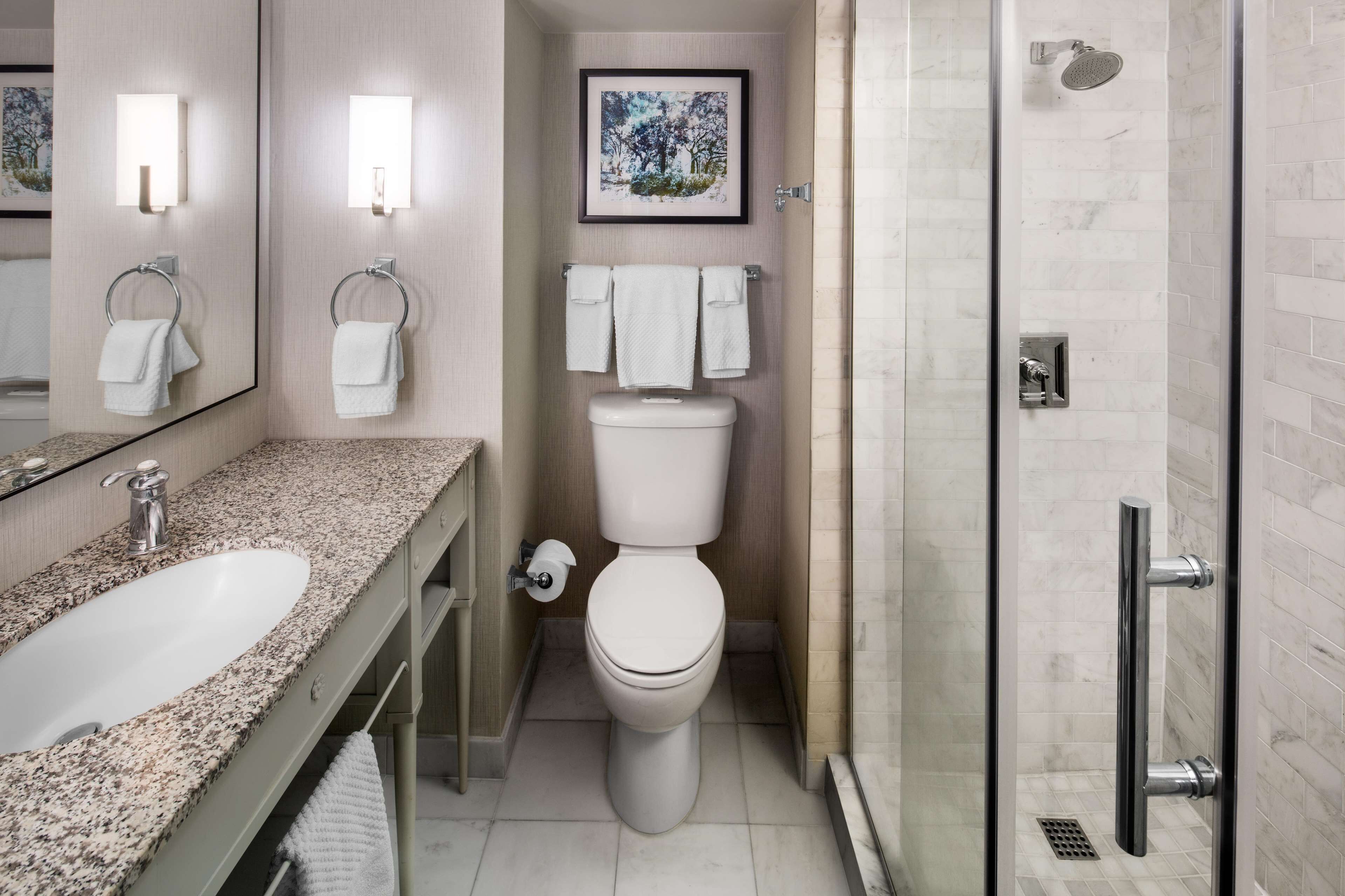 designer toiletries, hair dryer, towels