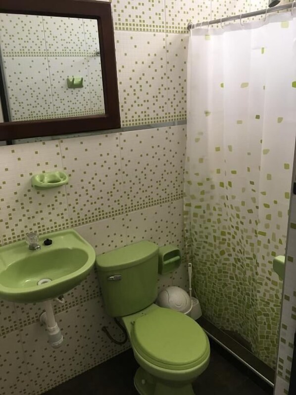 Un baño con lavamanos, inodoro y cortina de ducha verde.