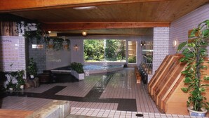 Un espace de bien-être doté d’un plafond en bois, d’un sol carrelé et d’une petite piscine.