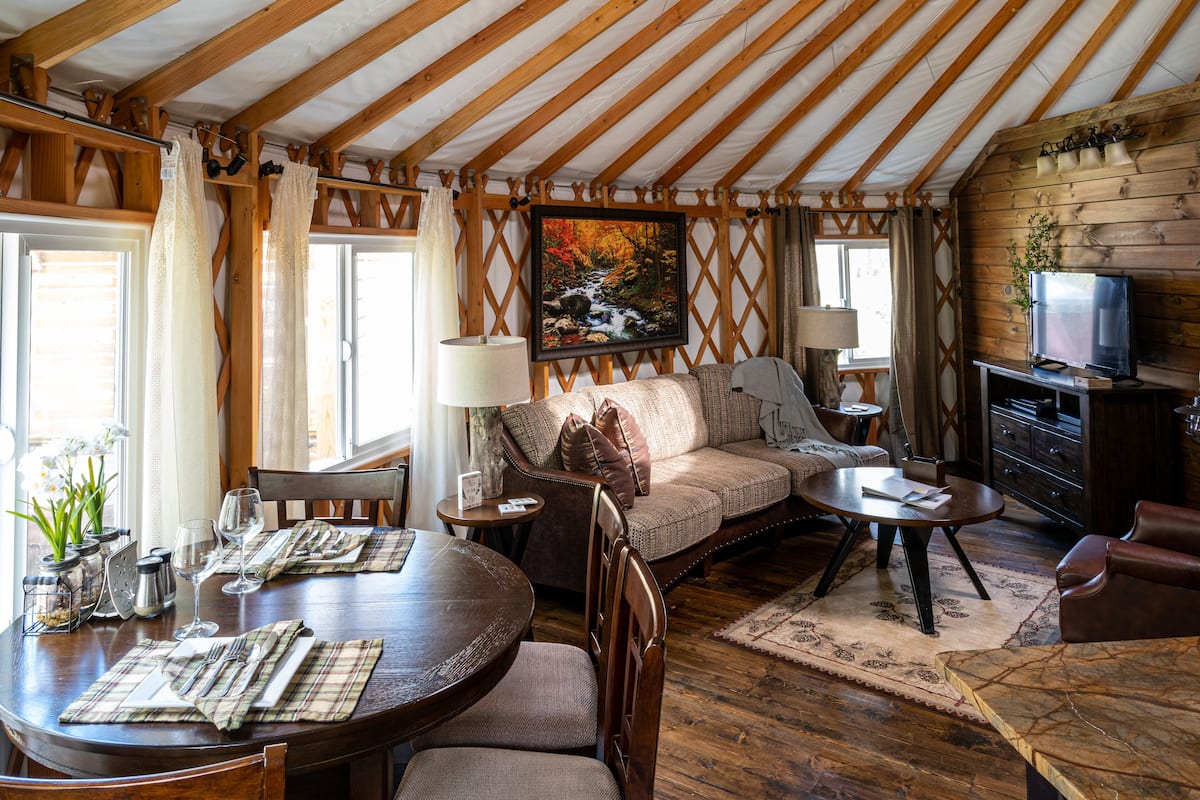 Creekside Cove 2 Bedroom Luxury Yurt | Living area | 36-inch flat-screen TV with satellite channels, TV