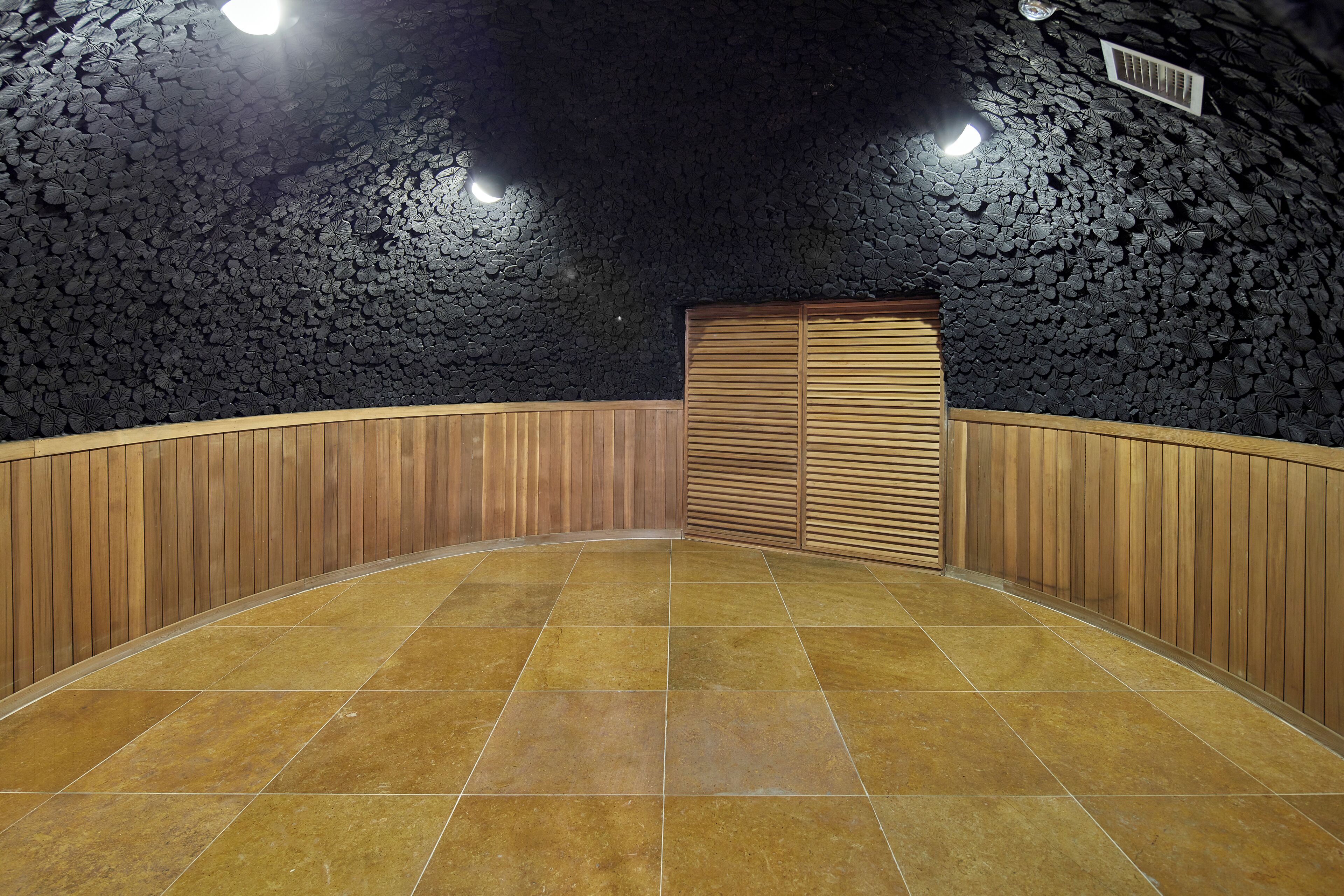 A room with a curved wooden wall, a tiled floor, and a ceiling with a leaf pattern.