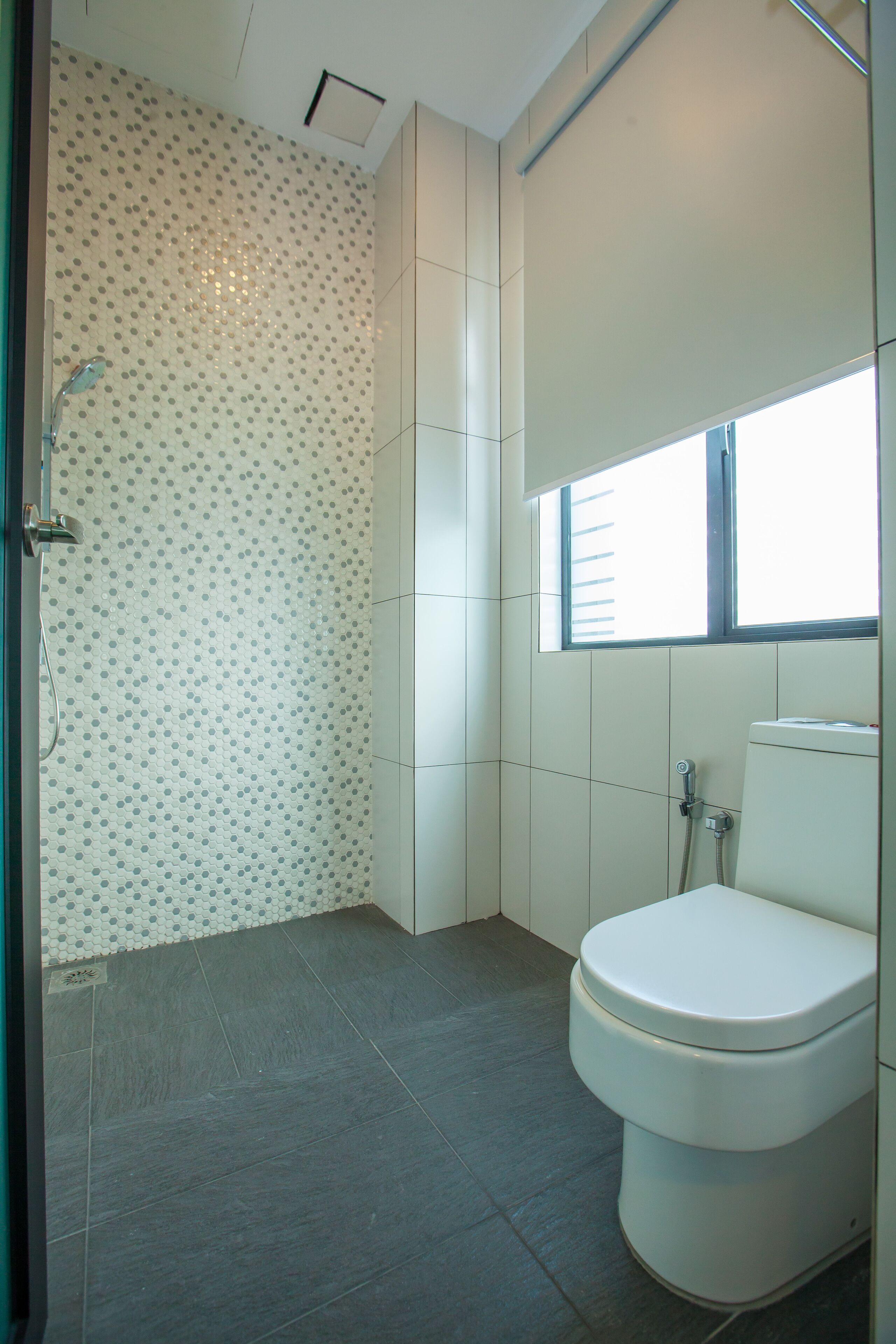 A bathroom with a toilet, shower, and a window.