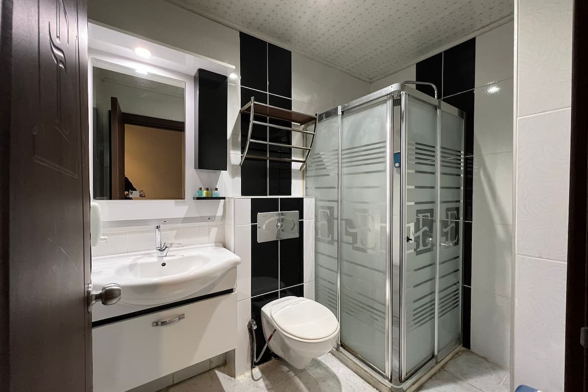 economy double room | bathroom | shower, eco-friendly toiletries, hair dryer, slippers