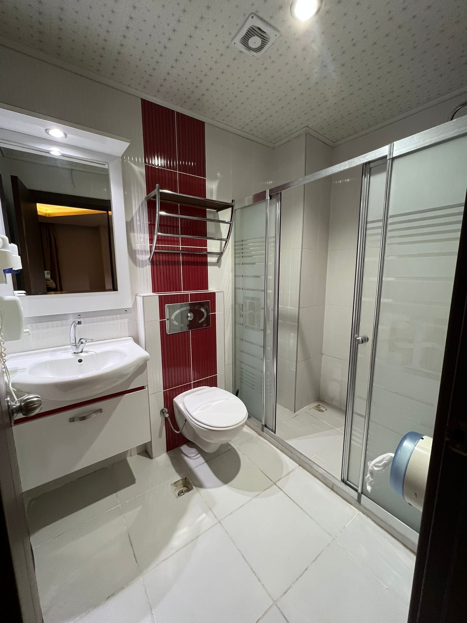 A modern bathroom with a white sink, red accent wall, and a glass shower enclosure.