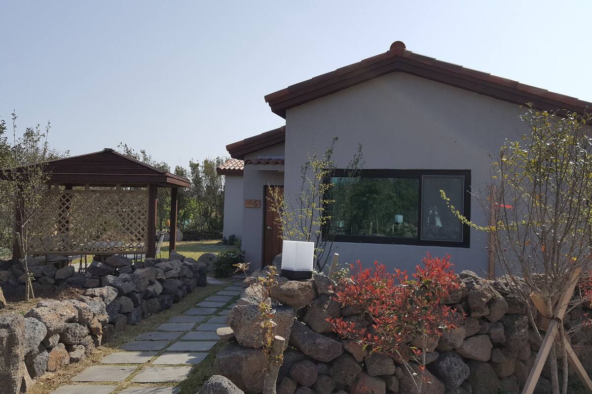 A modern house with a stone pathway leading to a wooden pergola.