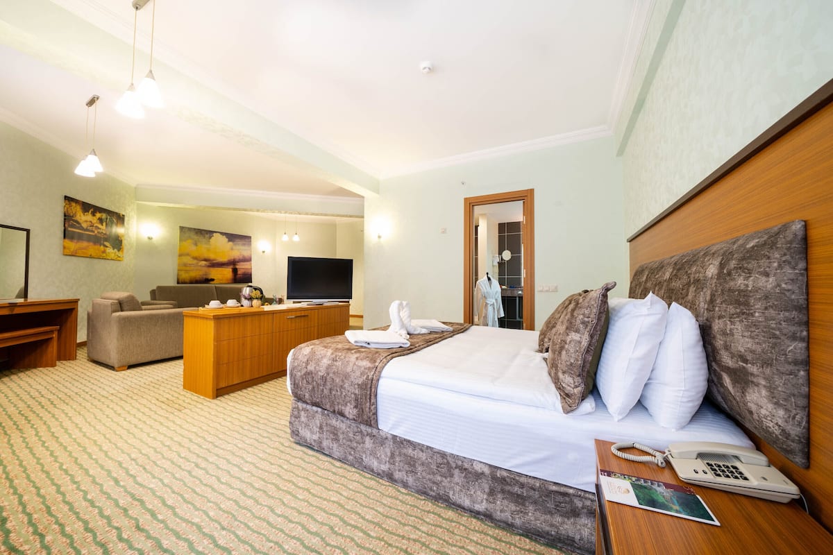 Ein Hotelzimmer mit Bett, Schreibtisch, einer Couch, einem Fernseher und Kunstwerken an den Wänden.