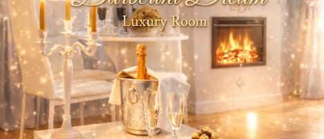 55-inch flat-screen TV with digital channels, TV, fireplace