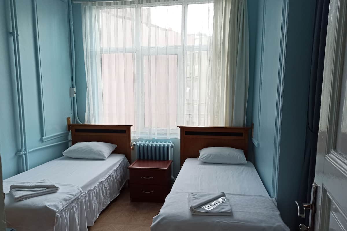 A twin room with two single beds, a wooden nightstand, a radiator, and a window with sheer curtains.