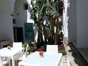 Un patio con una mesa y sillas blancas, rodeado de plantas y una palmera.