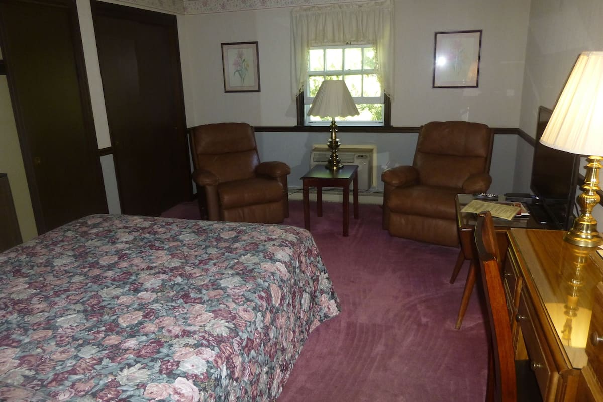 Una habitación con una cama, dos sillas, un escritorio con lámpara, una ventana con cortinas y un cuadro en la pared.
