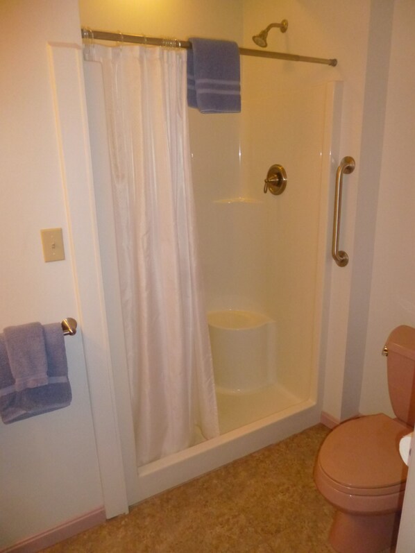 A bathroom with a shower enclosure, a toilet, and a towel rack. - Smoketown Inn (Smoketown)