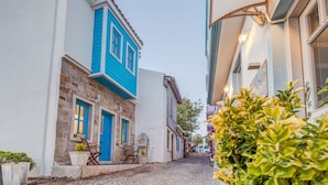 Una estrecha calle empedrada bordeada por edificios con puertas y ventanas azules, evocando un ambiente pintoresco y posiblemente histórico.