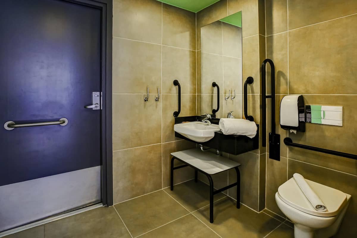 A bathroom with a sink, mirror, toilet, and handrails.