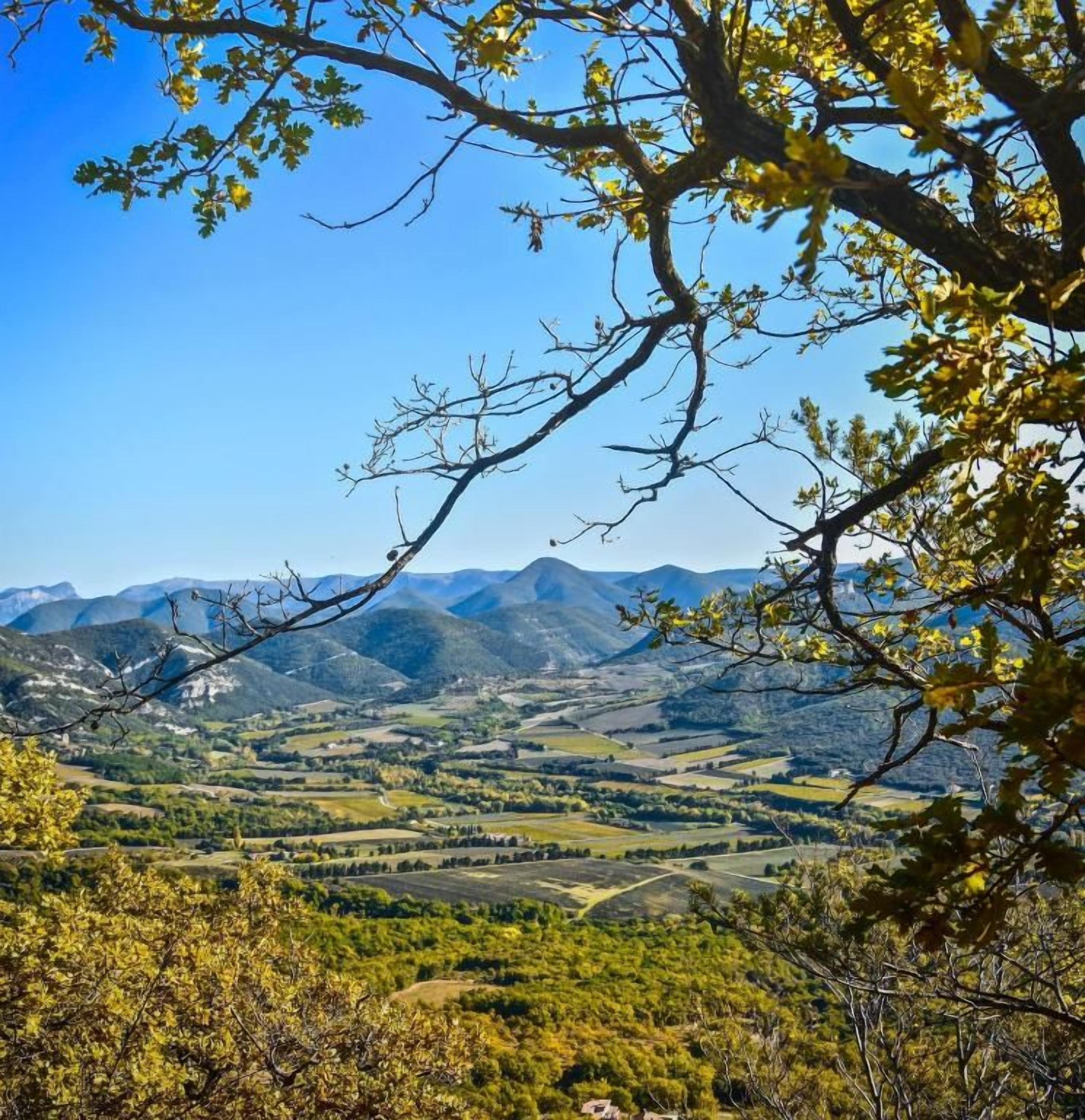 Eine gebirgige Landschaft unter blauem Himmel.