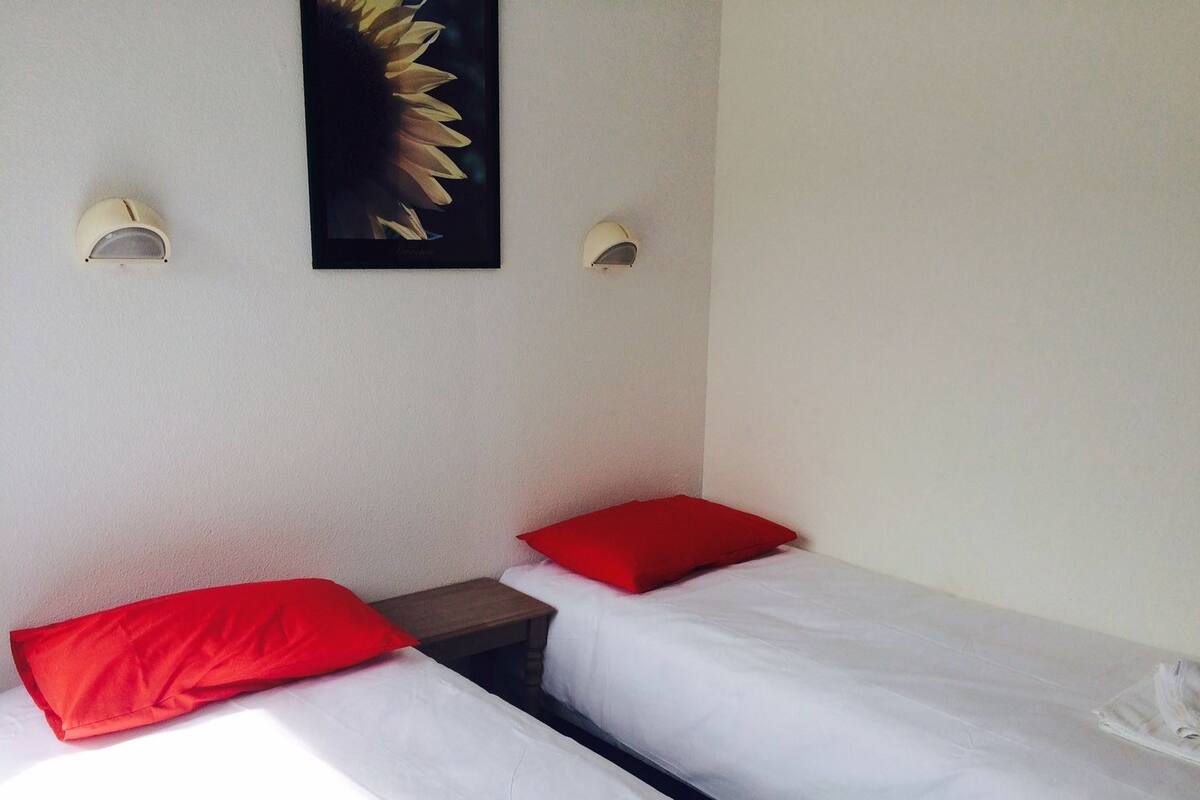 A room with two single beds, each with a red pillow, white bedding, and a small wooden nightstand. There are wall-mounted light fixtures on either side of a framed sunflower artwork.