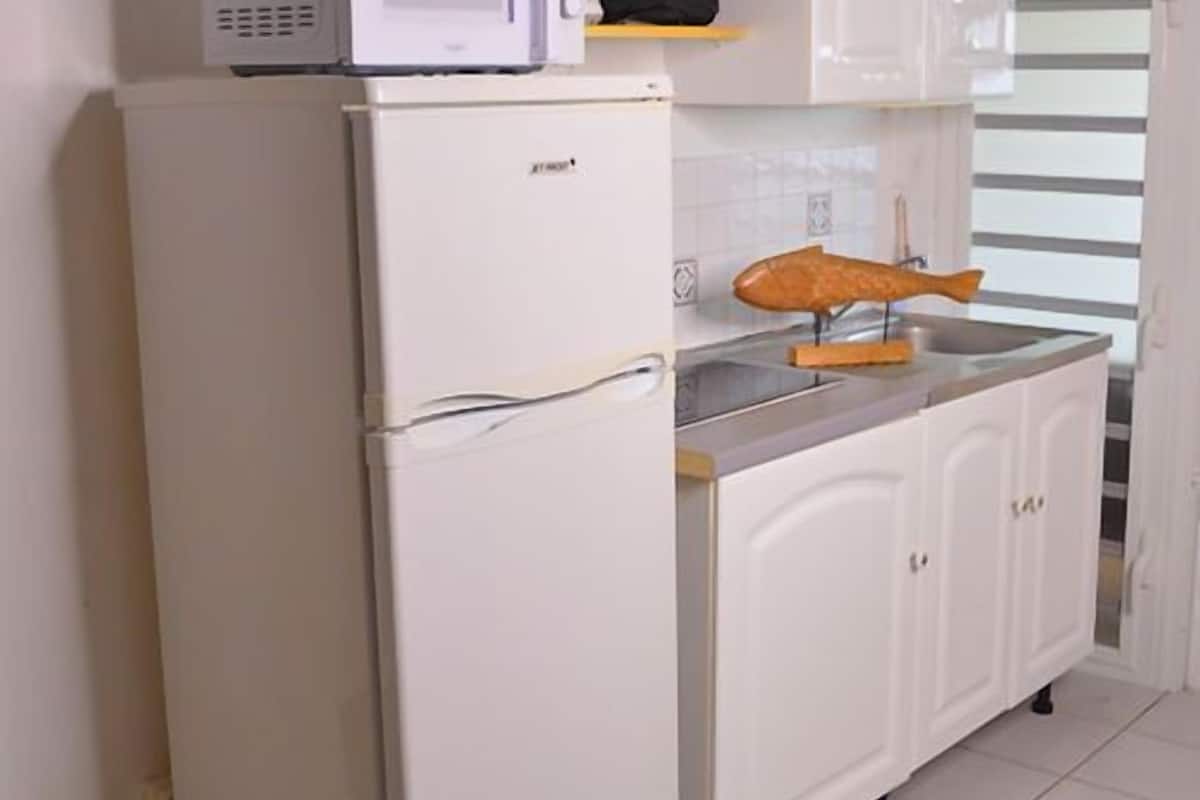 classic studio, beach view (bungalow 2 pax) | private kitchen | full-sized fridge, microwave, stovetop, electric kettle