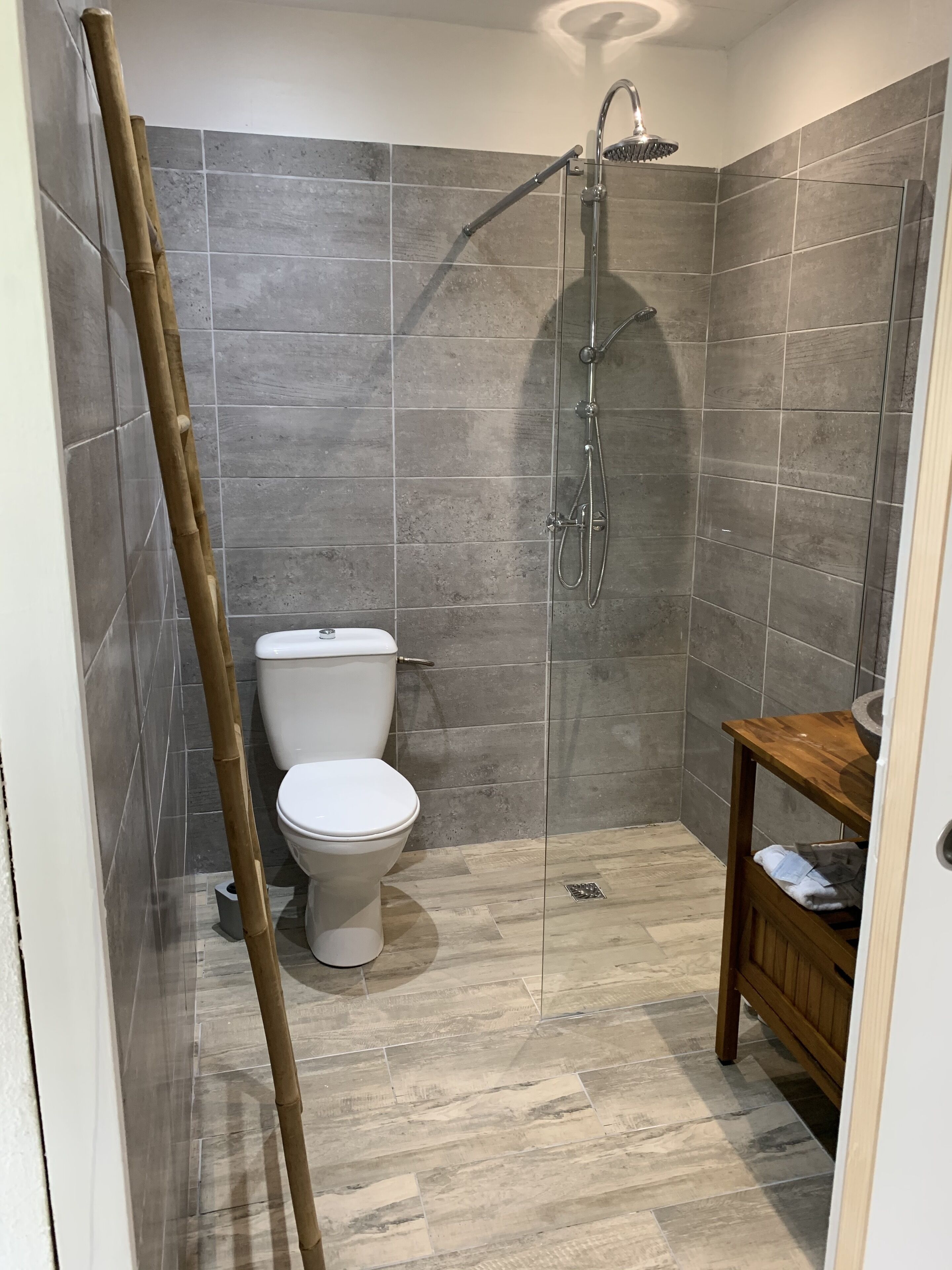 studio, beach view (bungalow 3 pax) | bathroom | shower, free toiletries, hair dryer, towels