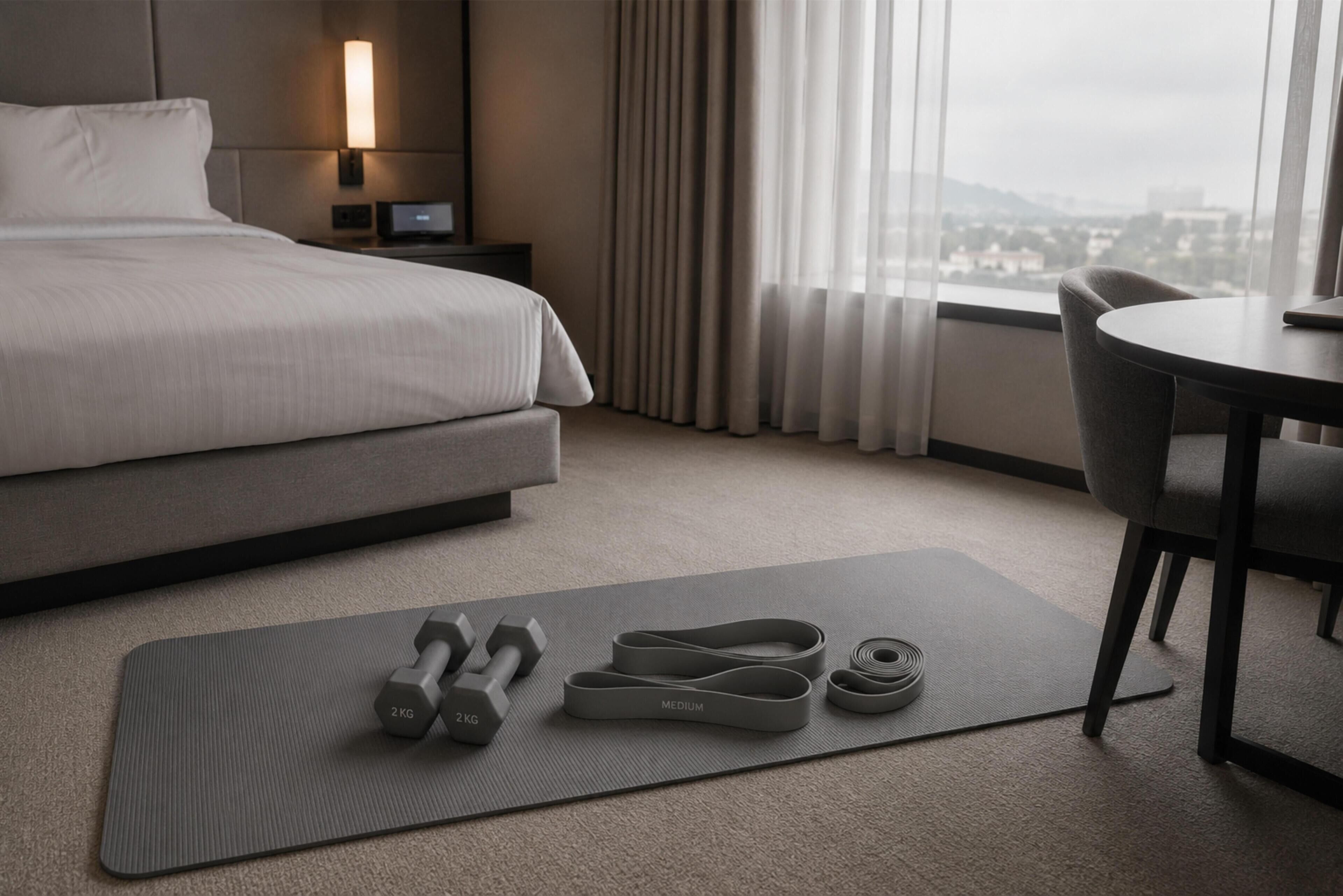 A hotel room with a bed, a desk, a chair, a workout mat with dumbbells and resistance bands, and a view of the city through the window.