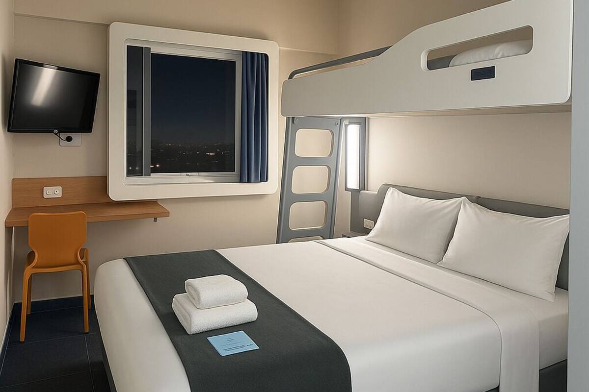 A modern hotel room with a bed, a desk, a chair, a TV, and a window with curtains.