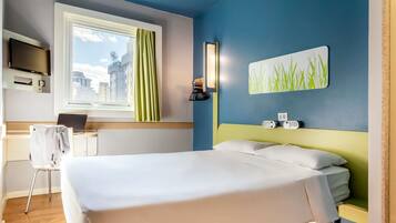 Desk, laptop workspace, blackout drapes, soundproofing