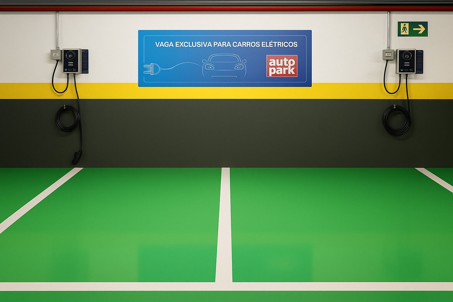 An electric vehicle charging station with a sign that reads "VAGA EXCLUSIVA PARA CARROS ELÉTRICOS" and "autopark".