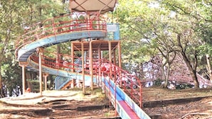 A spiral wooden structure with a red railing and a blue and red slide, surrounded by trees. - Hotel Axia Kushikino (Ichikikushikino)