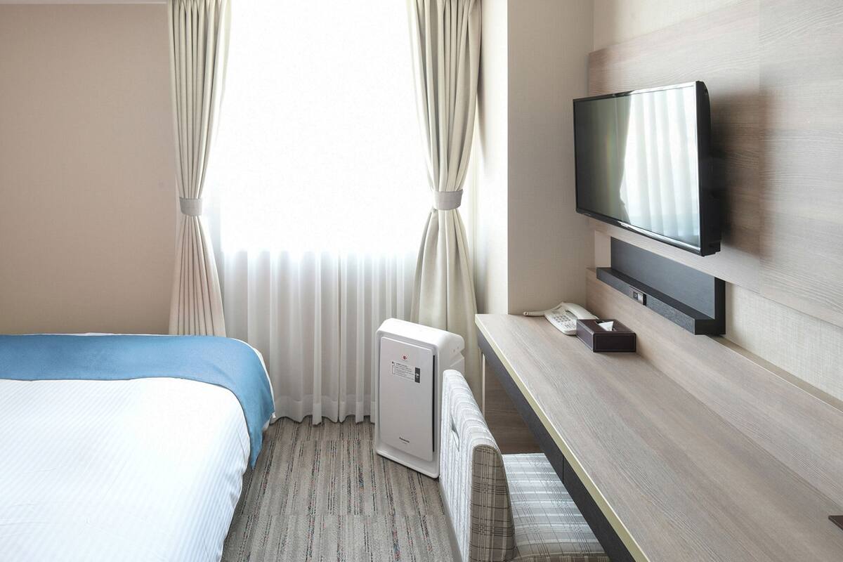 A hotel room with a bed, a desk, a television, and a radiator.