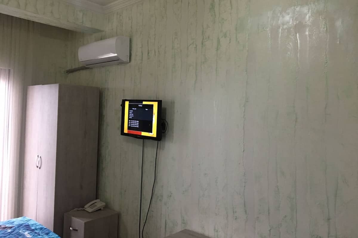 A room with a bed, a wardrobe, a desk with a telephone, and a wall-mounted television.