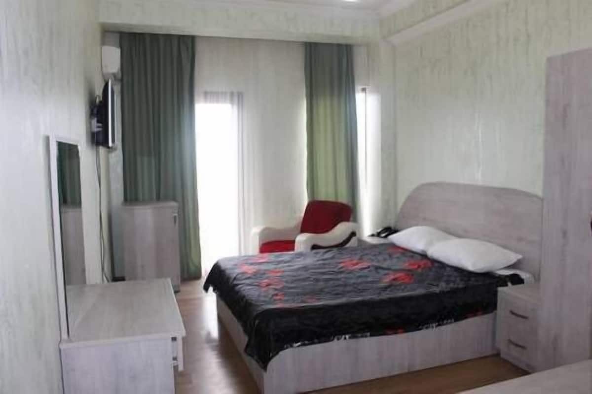 A bedroom with a bed, a chair, a wardrobe, and a television.
