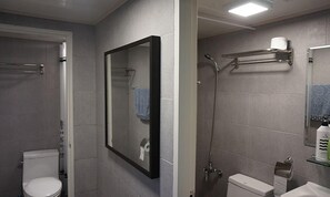 Une salle de bain avec des toilettes, une douche et un lavabo.