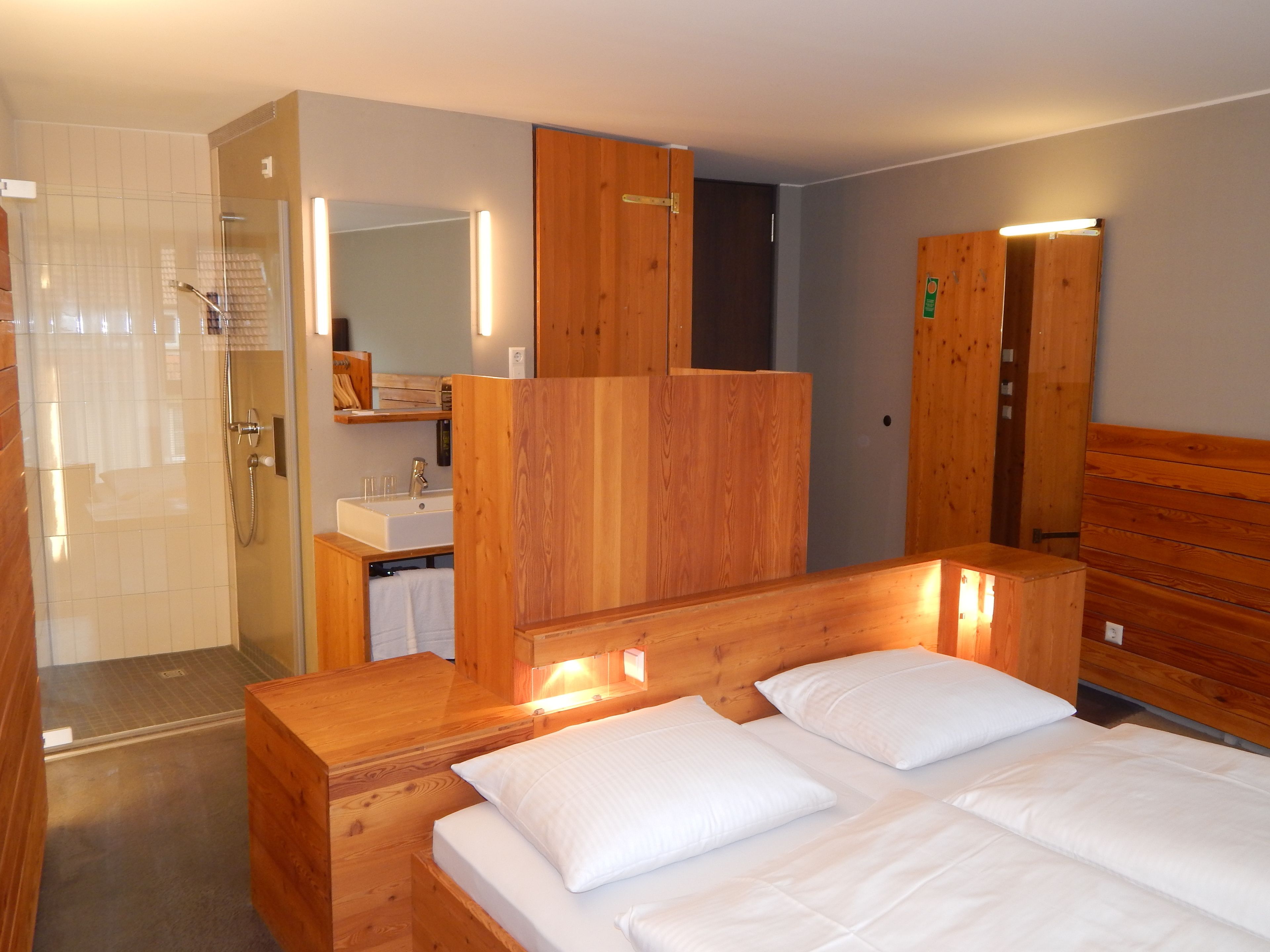 Une chambre d’hôtel avec une tête de lit en bois, un grand miroir, une armoire en bois, un espace douche et un lavabo.