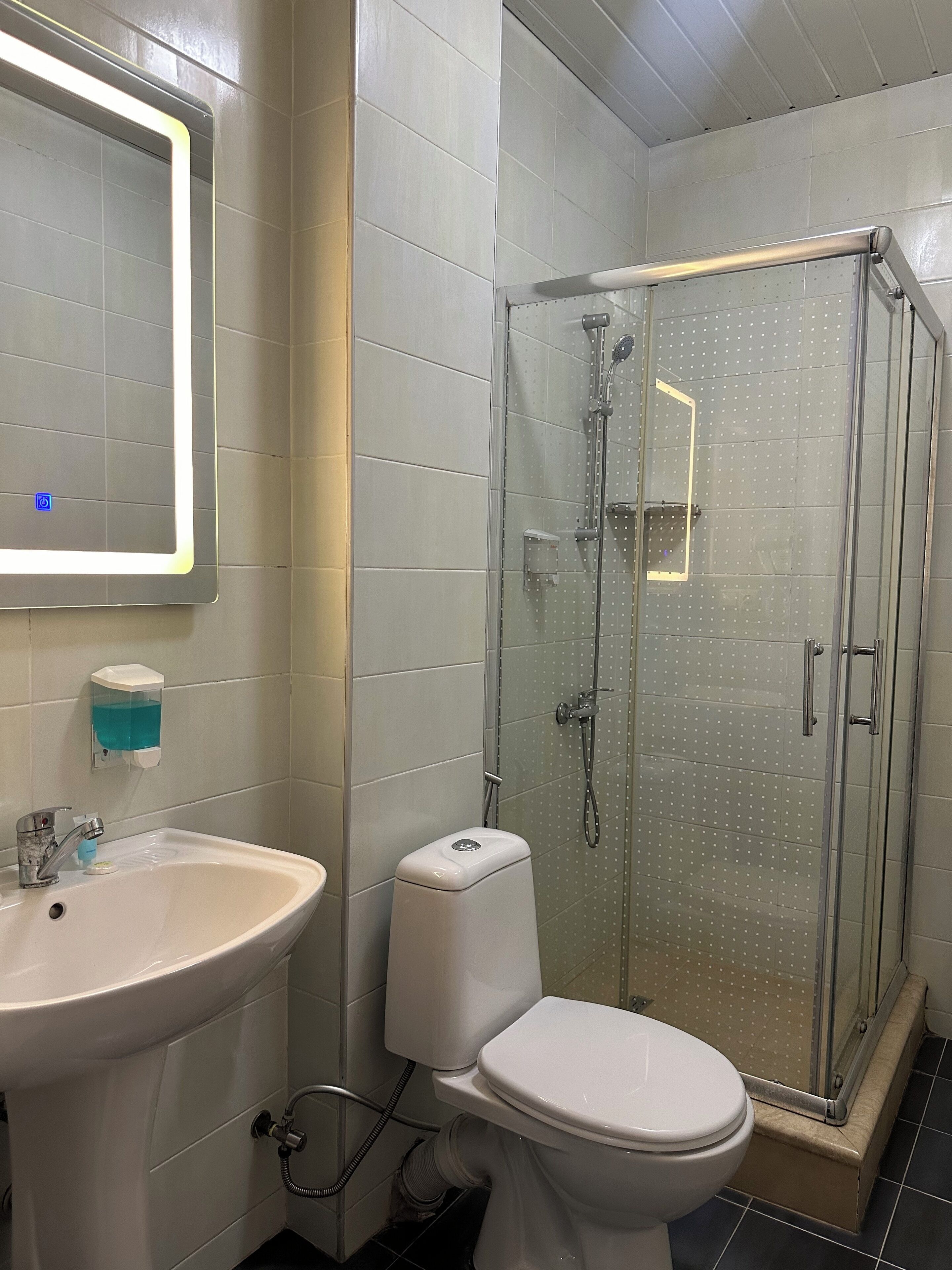 Ein Badezimmer mit Waschbecken, Toilette und einer Duschkabine.