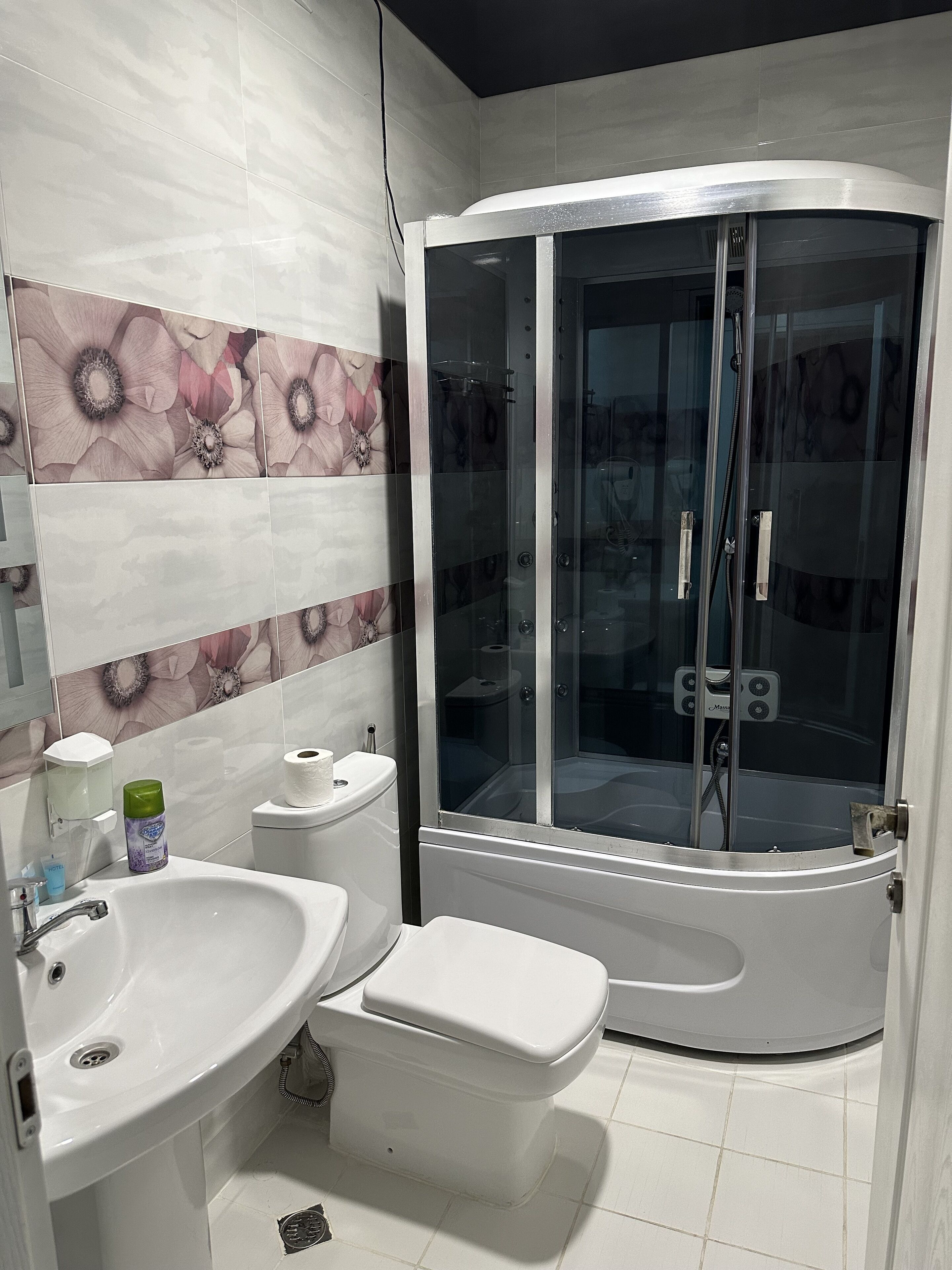 A modern bathroom with a glass-enclosed shower, a white sink, and a toilet.