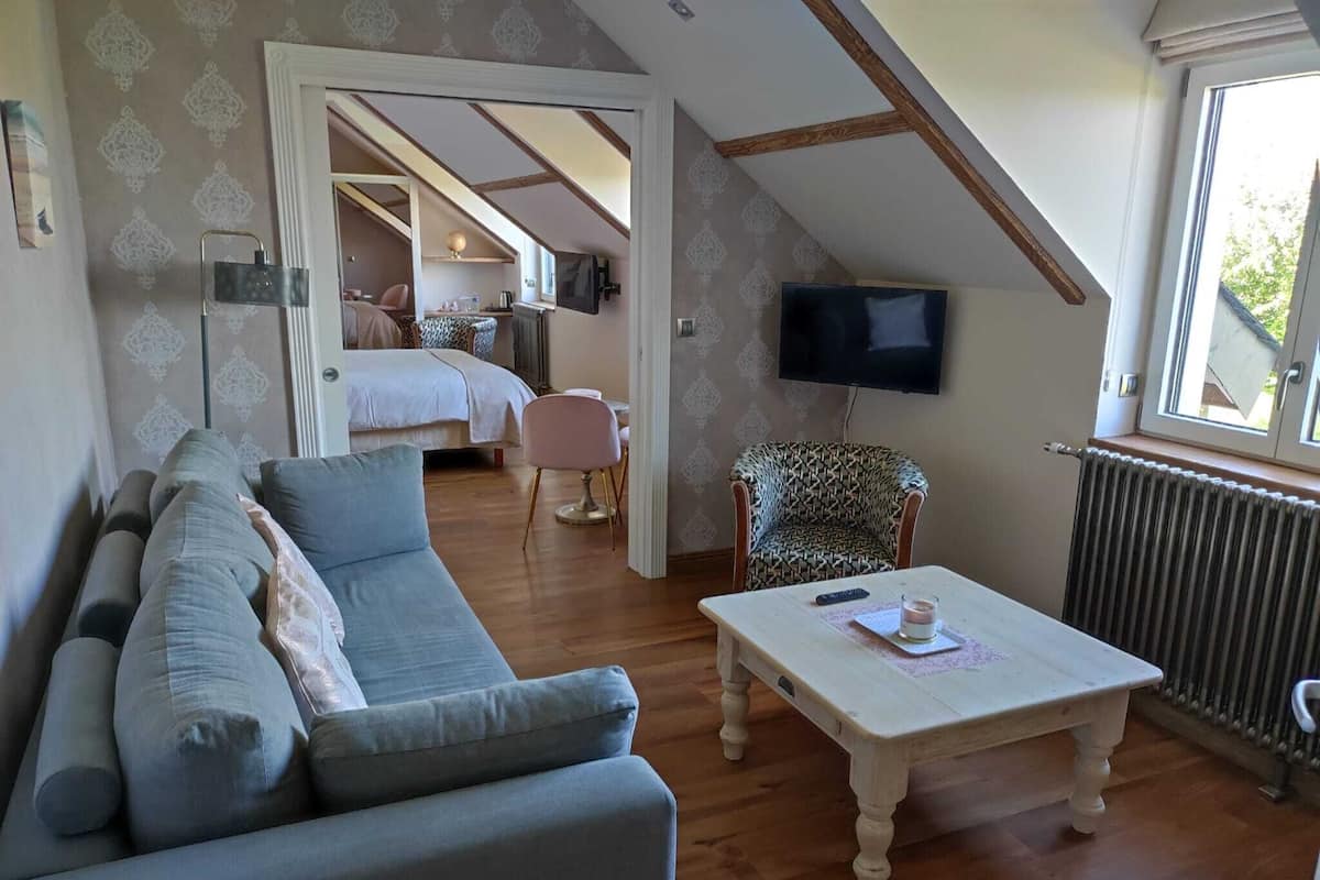 Una habitación acogedora con sofá, mesa, televisión y una silla estampada.