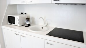 Une petite cuisine équipée d’un four à micro-ondes, d’un évier et d’une plaque de cuisson à induction.