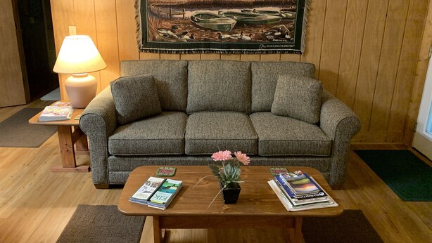 A cozy living room with a grey sofa, a wooden coffee table with magazines and a potted plant, a lamp, and a framed painting of a duck pond. - Misty Creek Log Cabins (Maggie Valley)