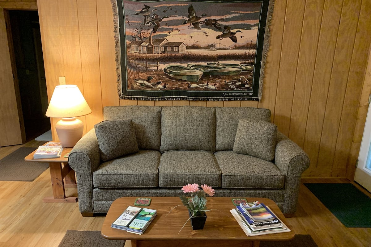 A cozy living room with a grey sofa, a wooden coffee table with magazines and a potted plant, a lamp, and a framed painting of a duck pond.
