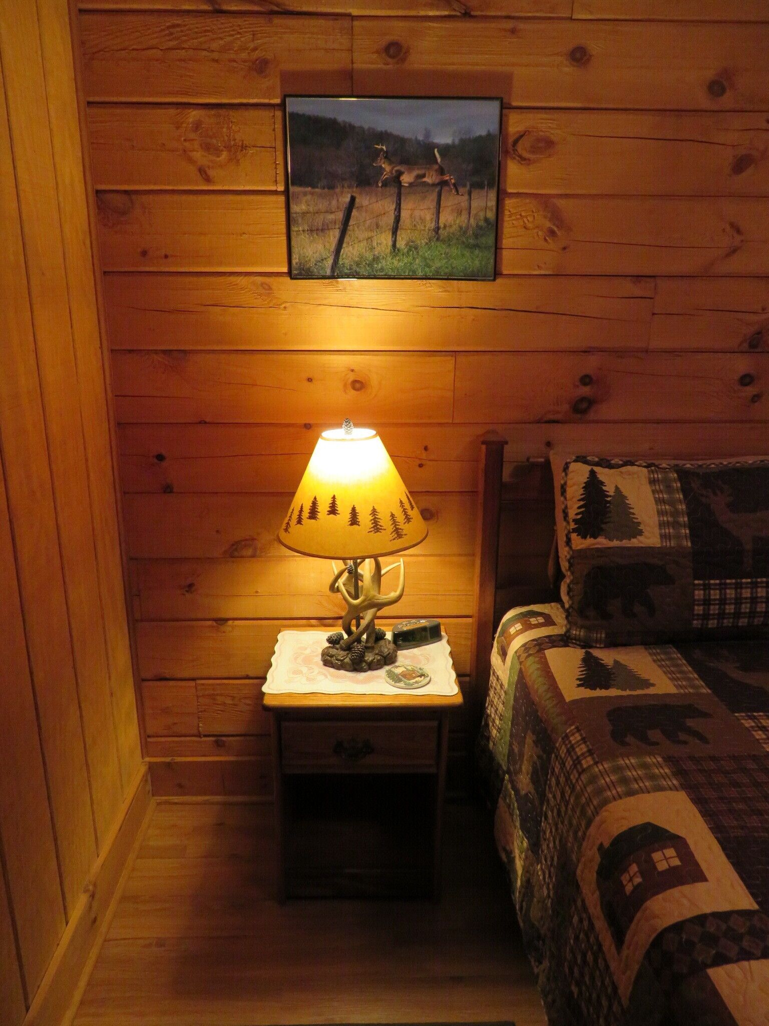 A wooden cabin room with a bed, a nightstand with a lamp, and a framed picture on the wall.