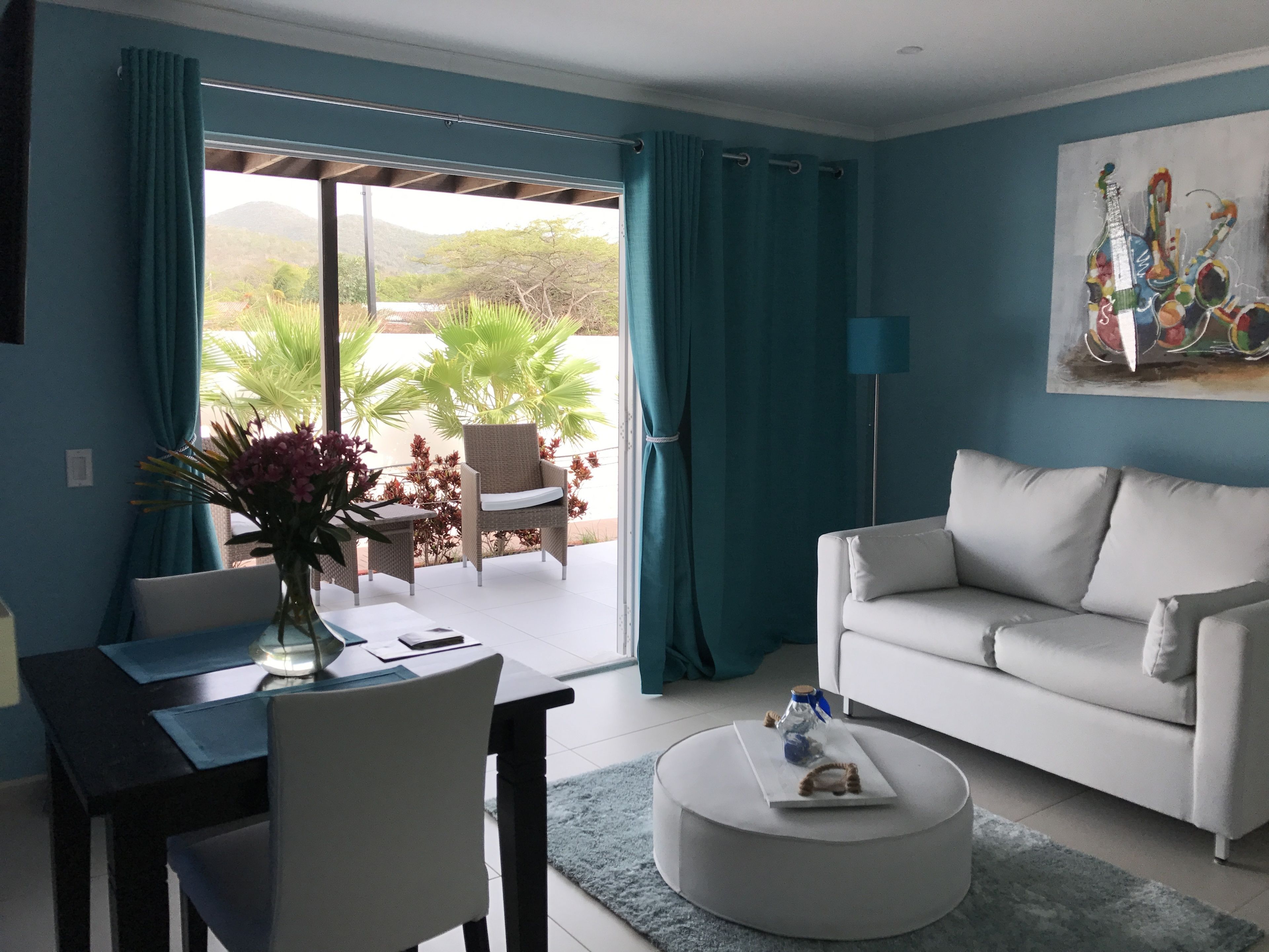 아파트, 산 전망 |  거실 공간 | TV, 넷플릭스, DVD 플레이어