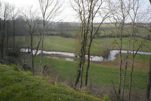 Un paysage rural avec une rivière, des arbres et des champs à perte de vue.