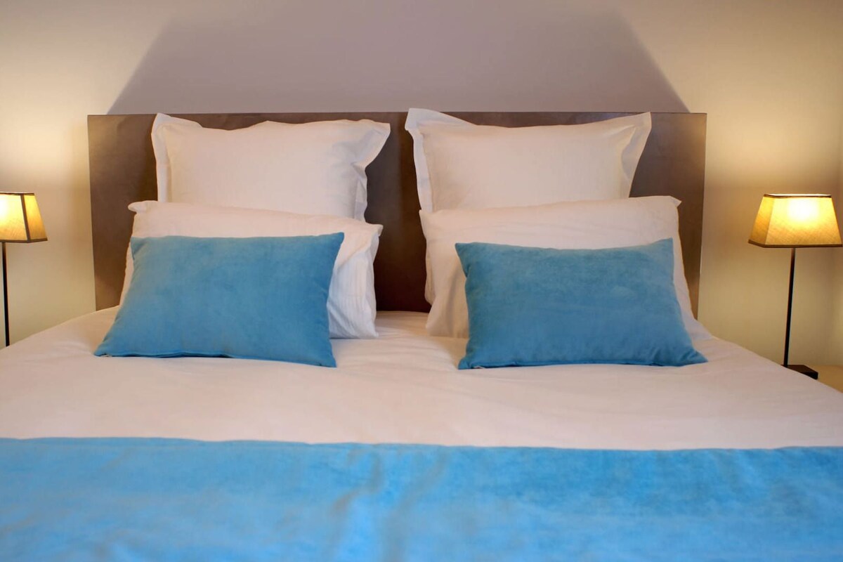 Een hotelkamer met een tweepersoonsbed, twee kussens, twee bedlampen en een blauw sierkussen.