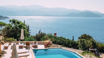Outdoor pool, pool umbrellas, pool loungers