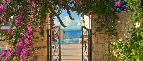 Piscine extérieure, parasols de plage, chaises longues
