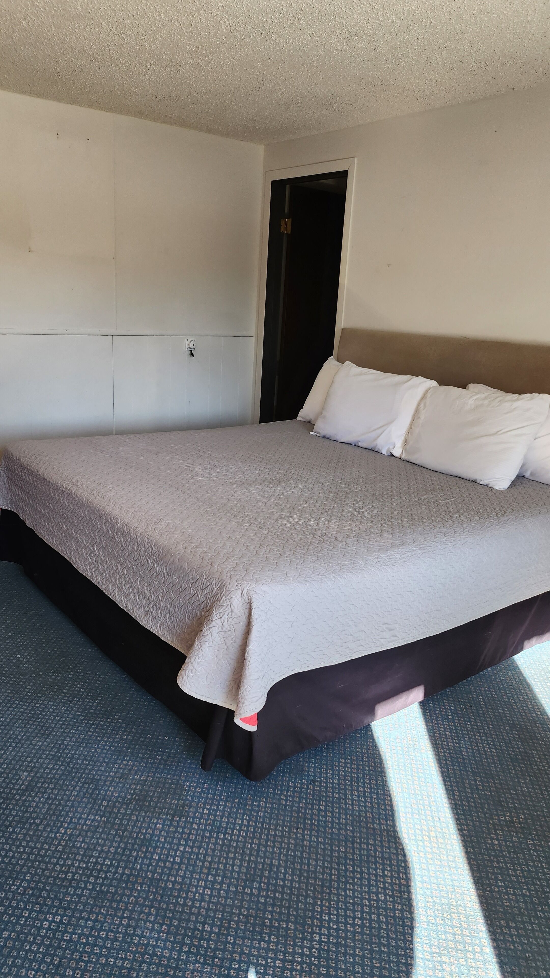 A hotel room with a large bed, a dark-colored headboard, and a blue carpet.