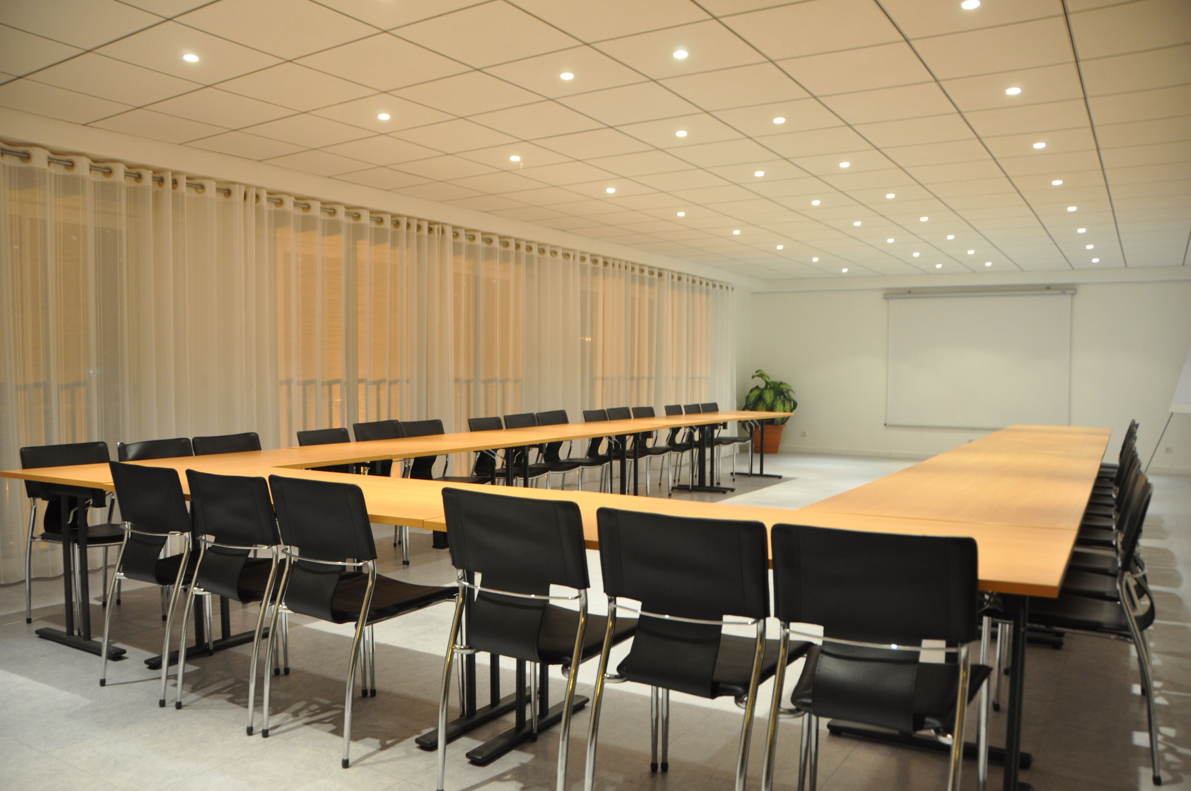 Un salón de conferencias con una larga mesa, sillas negras, una pizarra y una planta.