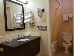 A bathroom with a sink, mirror, towel rack, hair dryer, and toilet.