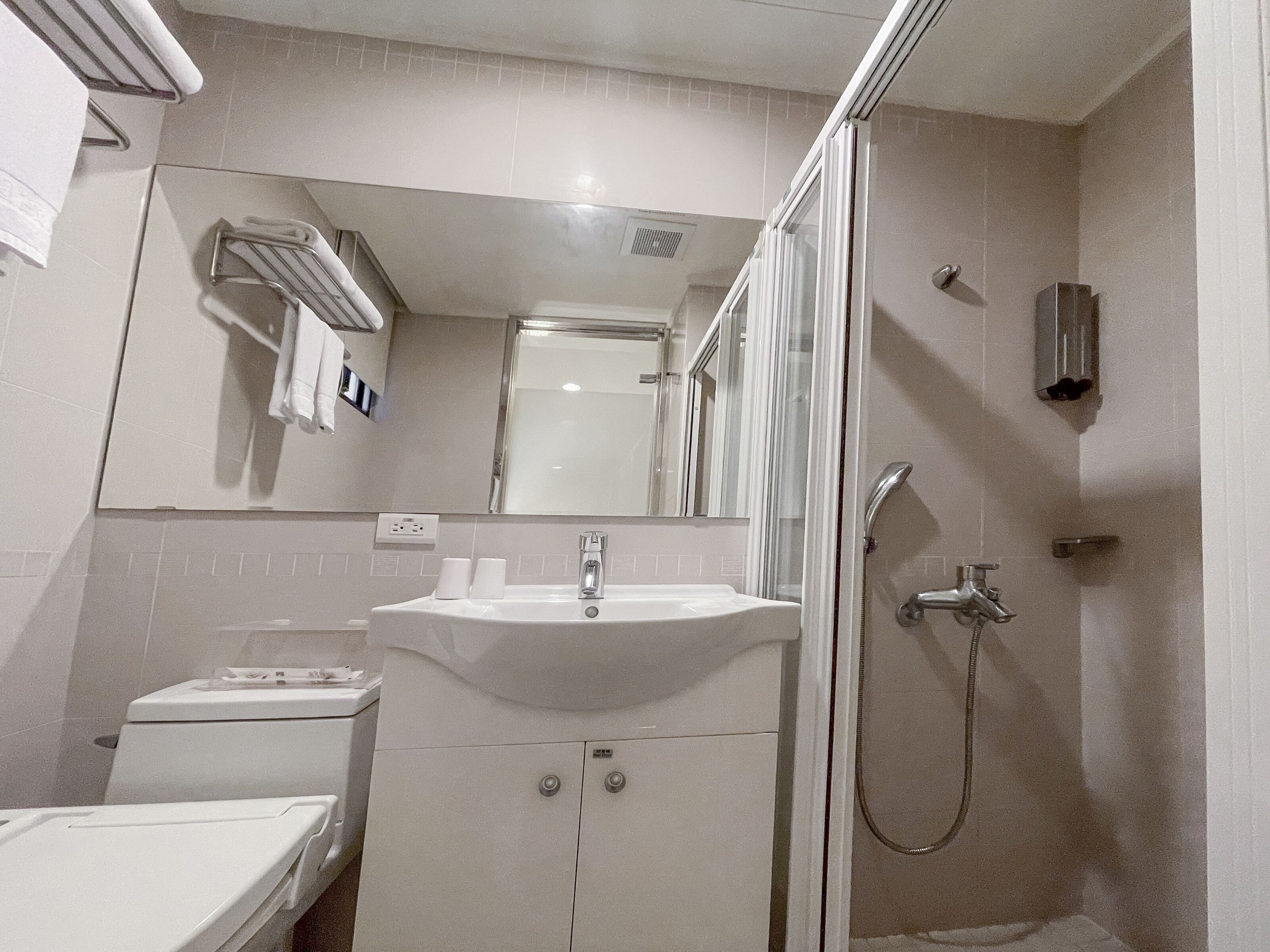 hair dryer, bidet, towels, shampoo