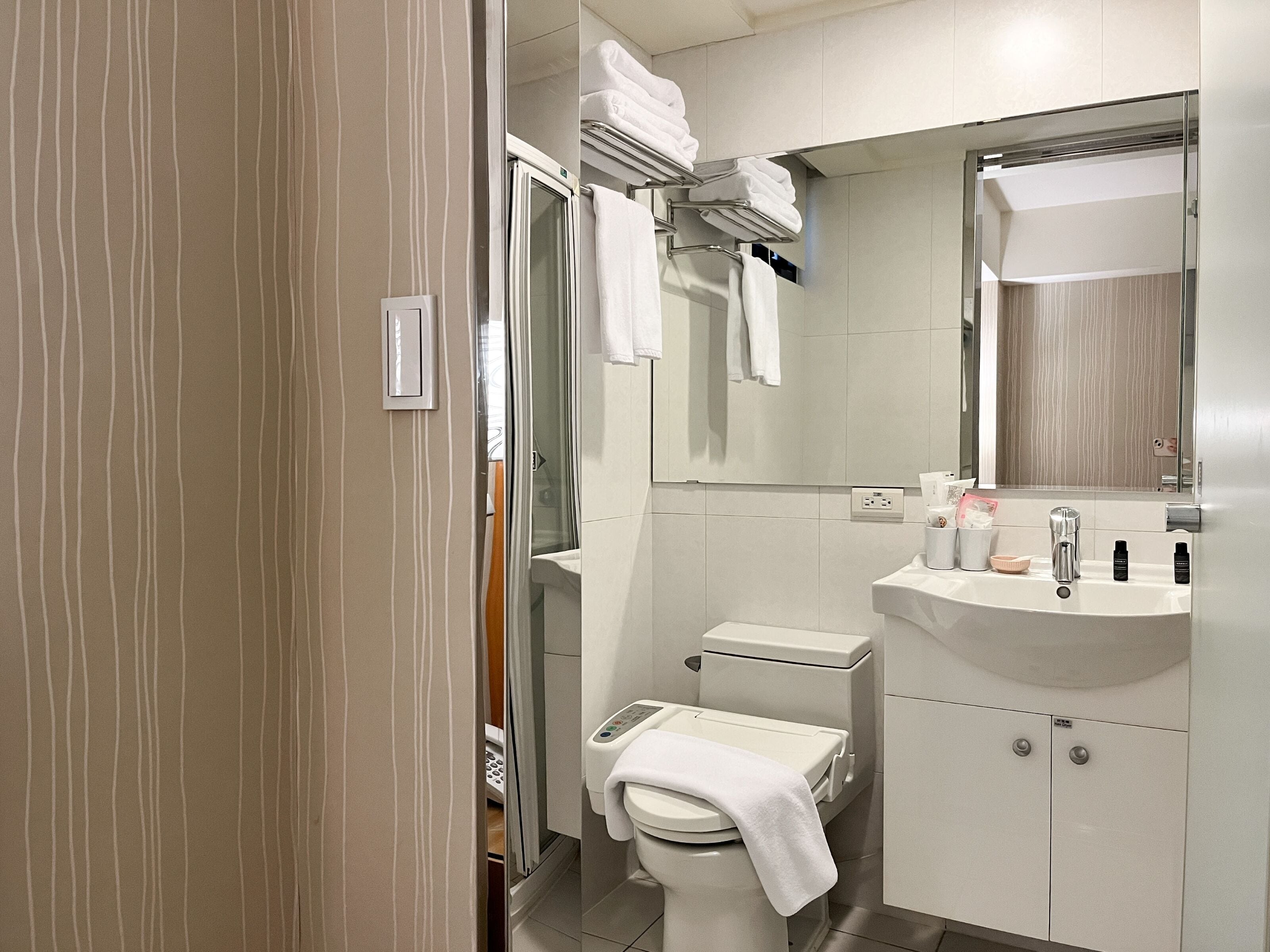 hair dryer, bidet, towels, shampoo