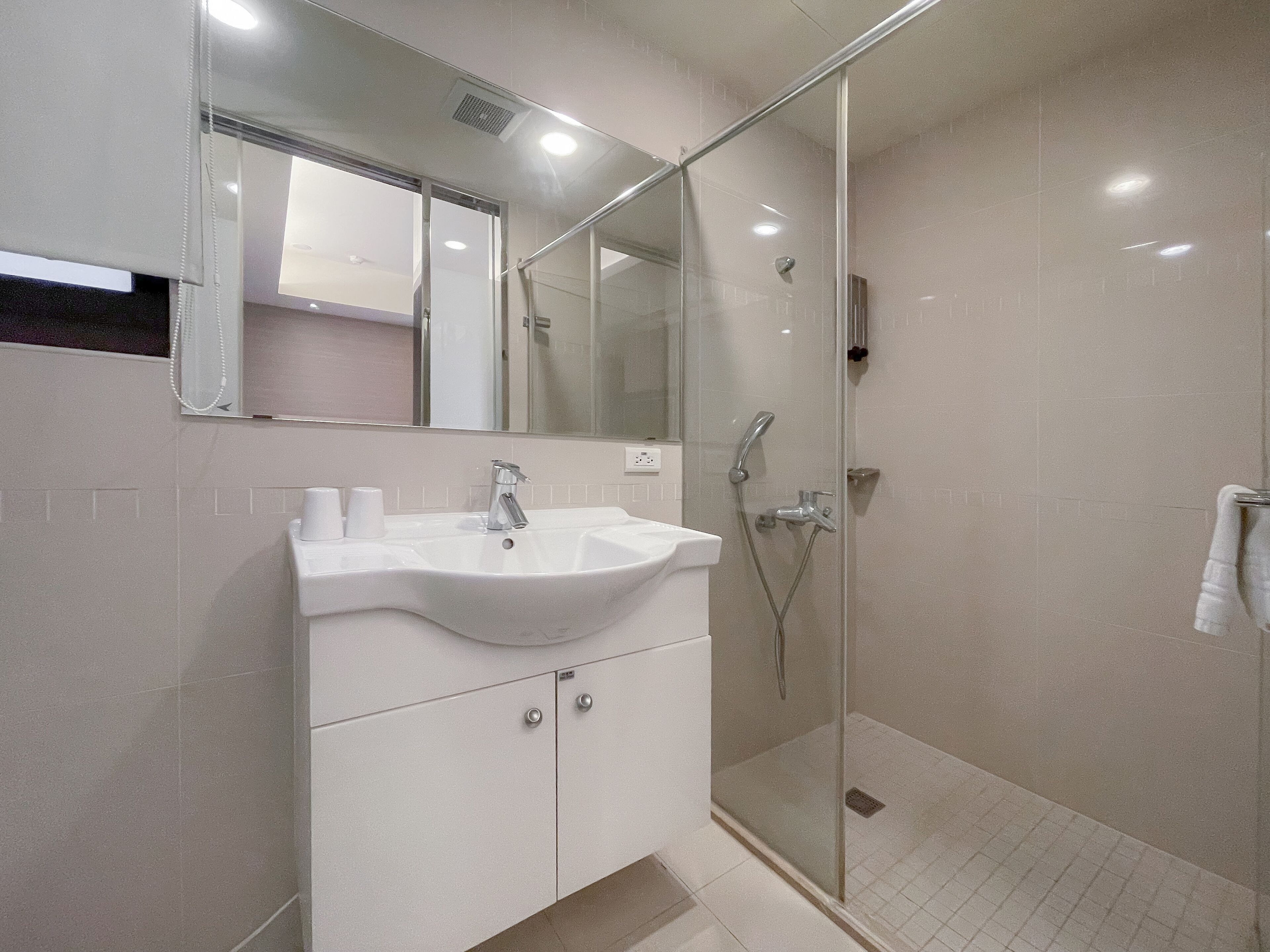 hair dryer, bidet, towels, shampoo